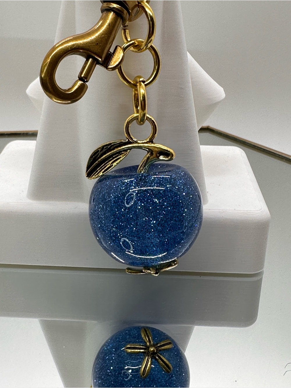 Sparkling Blue Apple Keychain Charm with Gold Tone Hardware